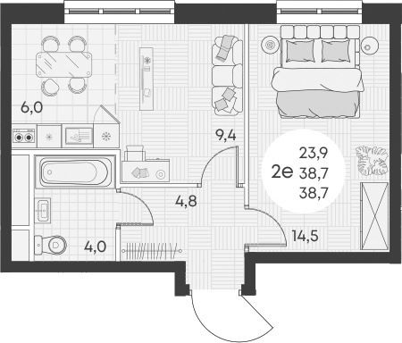 2-комн., 38.7 м², 2/14 этаж, ЖК «Грин Эппл»