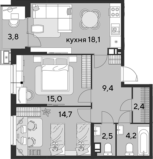 3-комн., 66.3 м², 5/9 этаж, ЖК «Парк Победы»