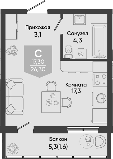 Студия, 24.7 м², 2/24 этаж, ЖК «Облака»
