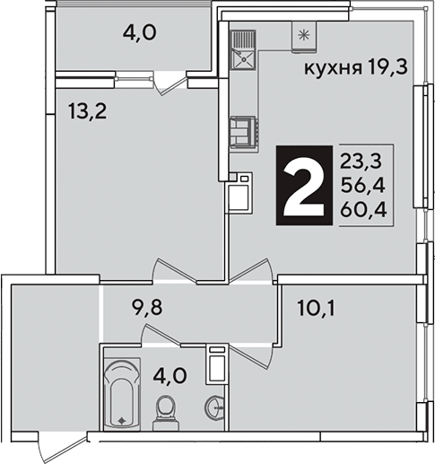 3-комн., 56.4 м², 10/16 этаж, ЖК «Самолет»