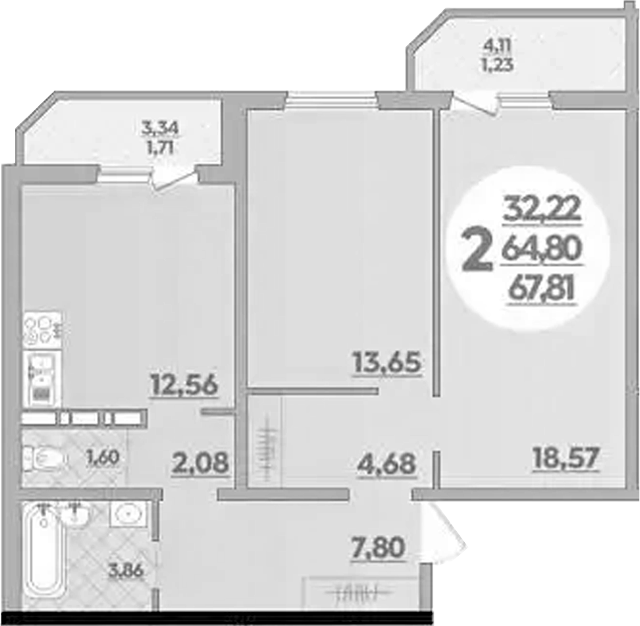 2-комн., 64.8 м², 10/16 этаж, ЖК «Восточный. Квартал №6»