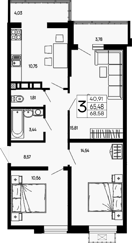 3-комн., 65.48 м², 15/16 этаж, ЖК «Эпос»