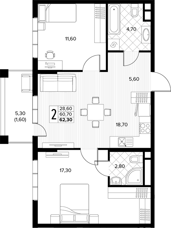Продается 2-комн. квартира, 60.7 м²