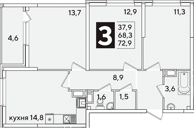 3-комн., 68.3 м², 11/16 этаж, ЖК «Самолет»