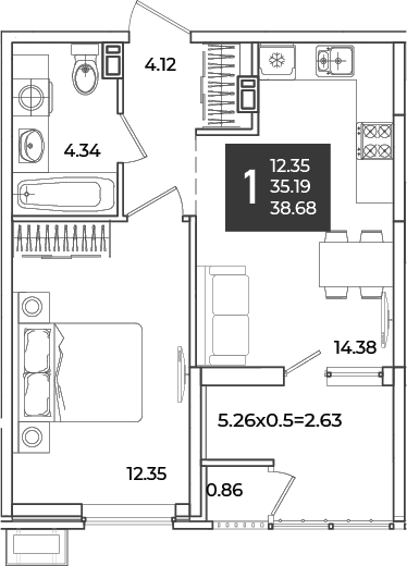Продается 1-комн. квартира, 35.19 м²