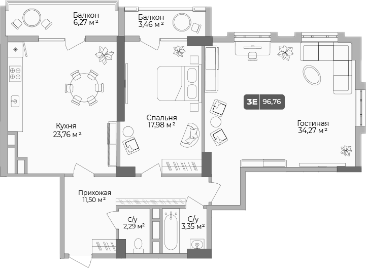2-комн., 93.84 м², 1/17 этаж, ЖК «Золотой берег. СЗ Среда»