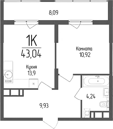 1-комн., 38.99 м², 2/18 этаж, ЖК «Кумир»