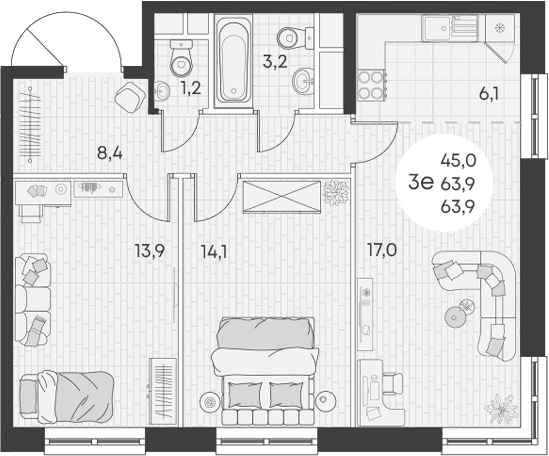 3-комн., 63.9 м², 16/16 этаж, ЖК «Грин Эппл»