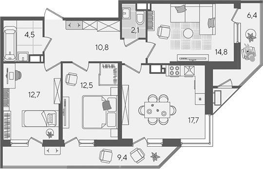 4+ комнаты, 75.1 м², 24/24 этаж, ЖК «Рекорд»