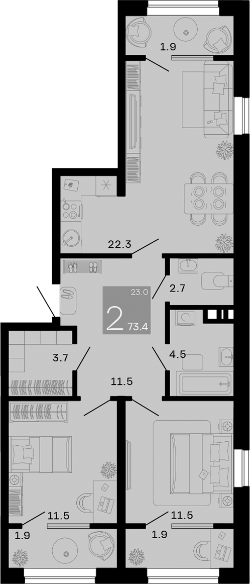2-комн., 67.7 м², 3/9 этаж, ЖК «Хозяин Морей»