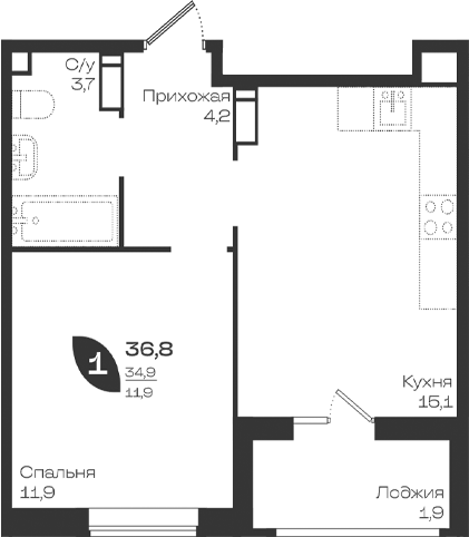 1-комн., 34.9 м², 14/18 этаж, ЖК «Ботаника»