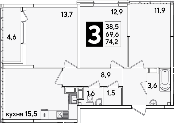 4+ комнаты, 69.6 м², 16/16 этаж, ЖК «Самолет»
