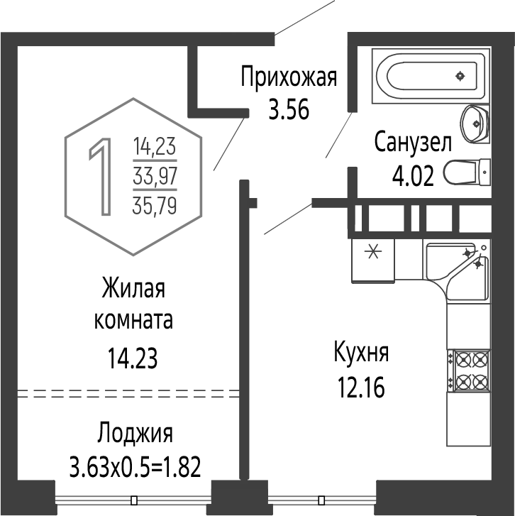 1-комн., 33.97 м², 22/24 этаж, ЖК «Гарантия PRIME»