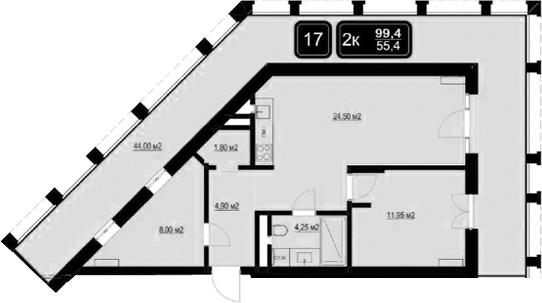 3-комн., 55.4 м², 2/9 этаж, ЖК «ГК Кайрос»