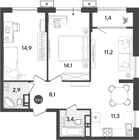 3-комн., 65.9 м², 15/18 этаж, ЖК «Порто-Ново»