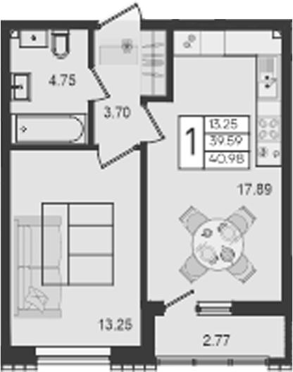 1-комн., 39.59 м², 2/18 этаж, ЖК «Дом 101»