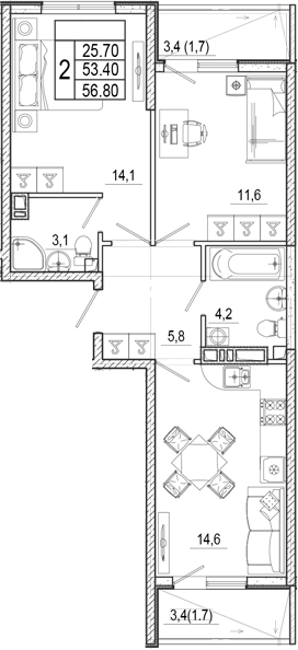 2-комн., 53.4 м², 10/17 этаж, ЖК «Лестория»