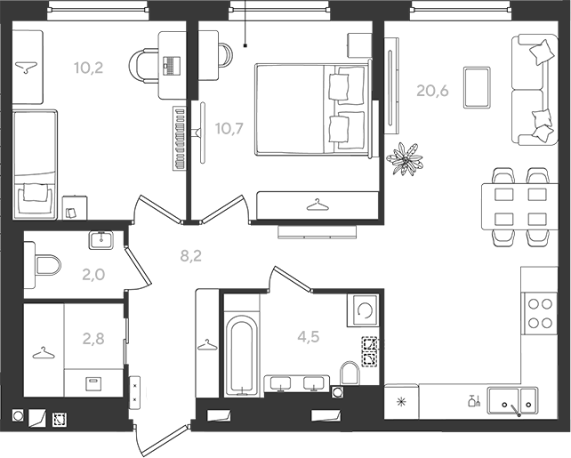 2-комн., 59 м², 2/9 этаж, ЖК «Самолет»