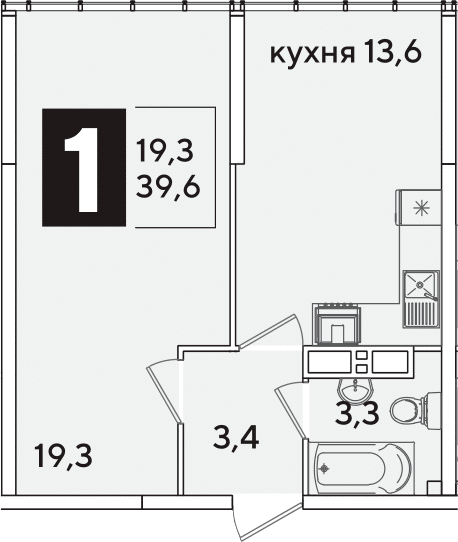 1-комн., 39.6 м², 16/16 этаж, ЖК «Самолет»