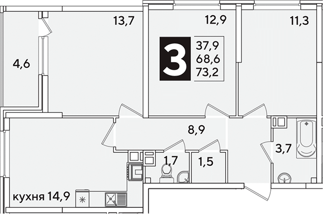 3-комн., 68.6 м², 3/16 этаж, ЖК «Самолет»