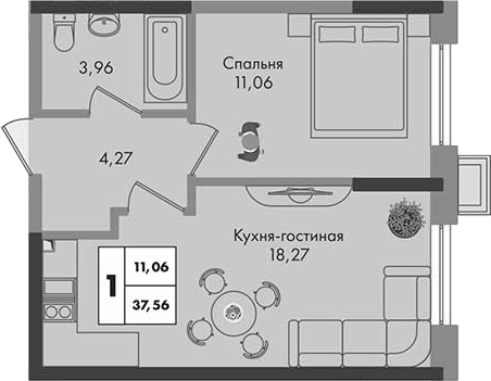 1-комн., 37.56 м², 3/9 этаж, ЖК «Зеленая территория»