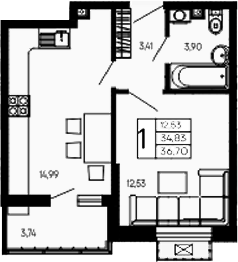 Продается 1-комн. квартира, 34.83 м²