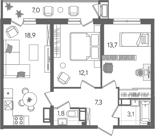 3-комн., 56.9 м², 13/24 этаж, ЖК «Рекорд»
