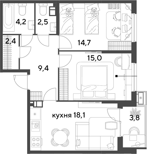 3-комн., 66.3 м², 4/9 этаж, ЖК «Парк Победы»