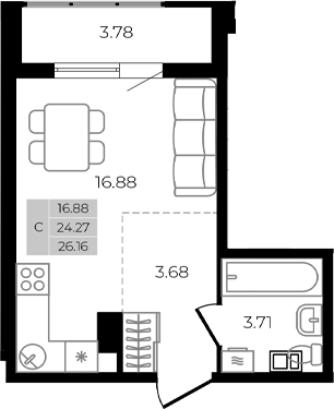 Студия, 24.27 м², 1/8 этаж, ЖК «Курортный регион»