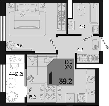 1-комн., 37 м², 14/18 этаж, ЖК «Первое место»