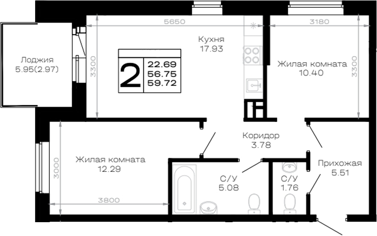 Продается 2-комн. квартира, 56.75 м²