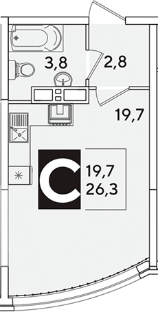Студия, 26.3 м², 11/16 этаж, ЖК «Самолет»