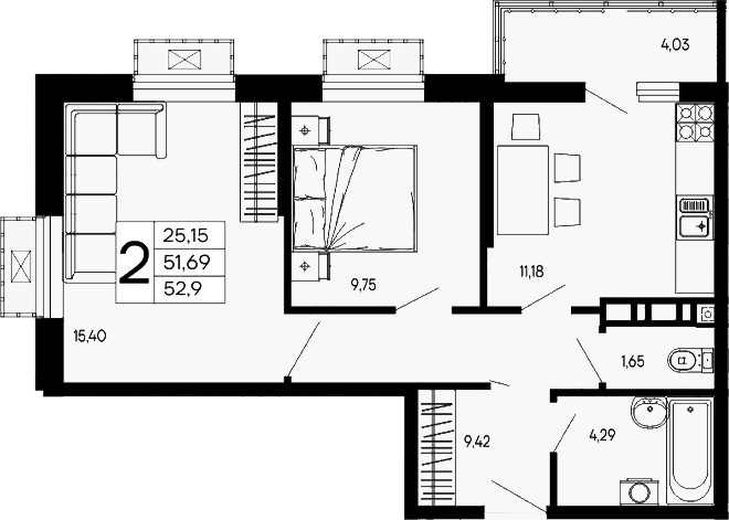 Продается 2-комн. квартира, 51.69 м²