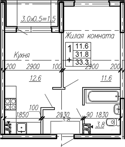 1-комн., 31.8 м², 1/4 этаж, ЖК «Эво»