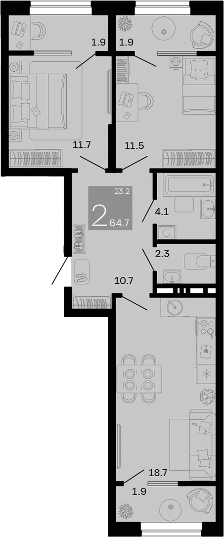 2-комн., 59 м², 4/12 этаж, ЖК «Хозяин Морей»