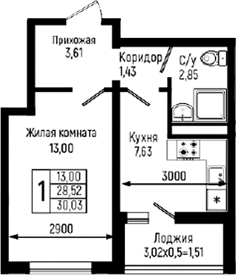 1-комн., 28.52 м², 8/18 этаж, ЖК «Ботаника Хиллс»