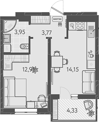 1-комн., 34.78 м², 9/18 этаж, ЖК «Теплые края»
