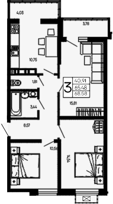 3-комн., 65.48 м², 13/16 этаж, ЖК «Эпос»