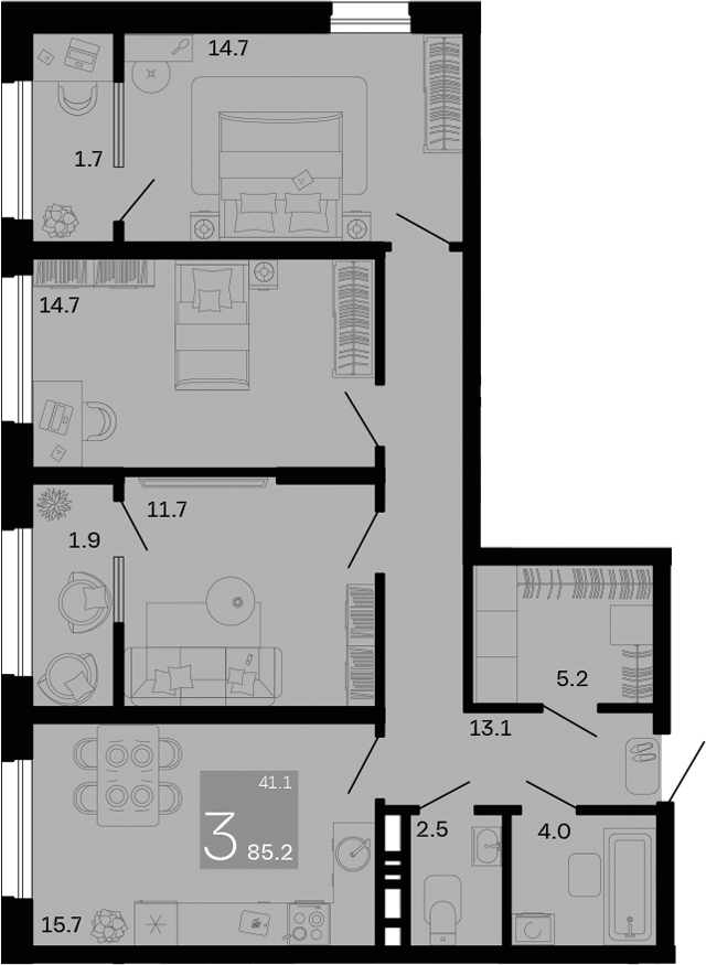 3-комн., 81.6 м², 2/12 этаж, ЖК «Хозяин Морей»