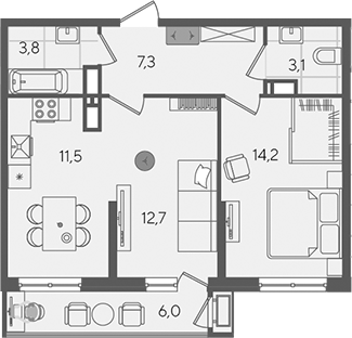 2-комн., 52.6 м², 12/24 этаж, ЖК «Рекорд»