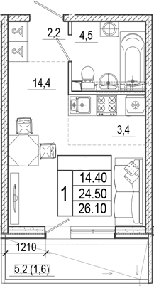 Студия, 24.5 м², 1/15 этаж, ЖК «Лестория»