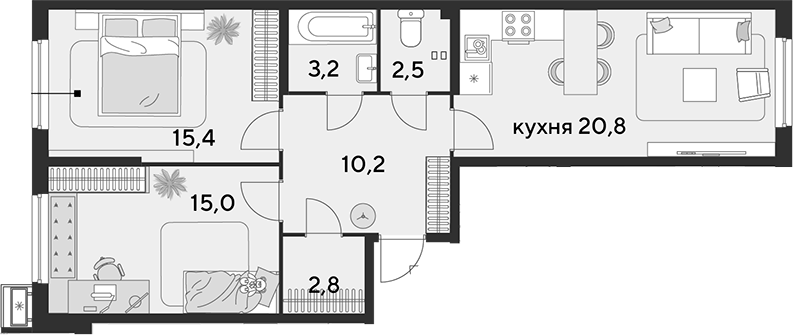 3-комн., 69.9 м², 2/18 этаж, ЖК «Парк Победы»
