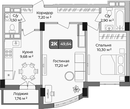 2-комн., 48.78 м², 1/9 этаж, ЖК «Опера»
