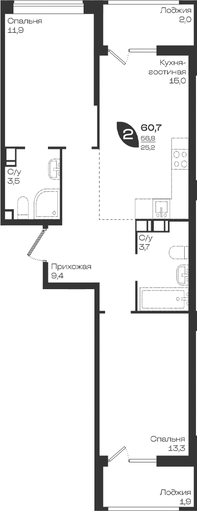 2-комн., 56.8 м², 3/9 этаж, ЖК «Ботаника»