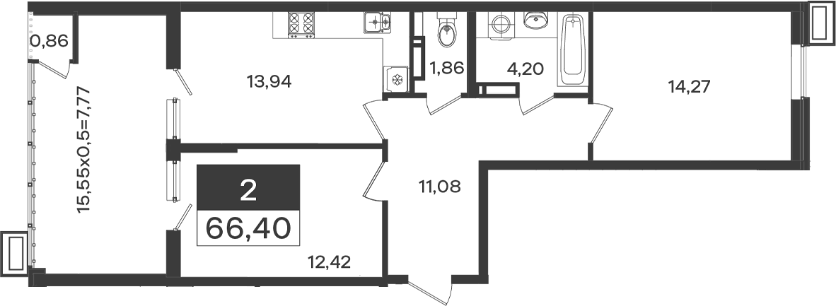 2-комн., 57.77 м², 13/18 этаж, ЖК «Образцово»