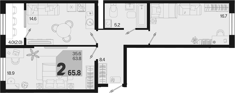 2-комн., 63.8 м², 9/18 этаж, ЖК «Первое место»