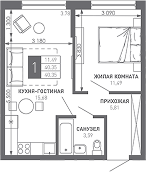 1-комн., 41.7 м², 5/9 этаж, ЖК «Иначе в Молодежном»