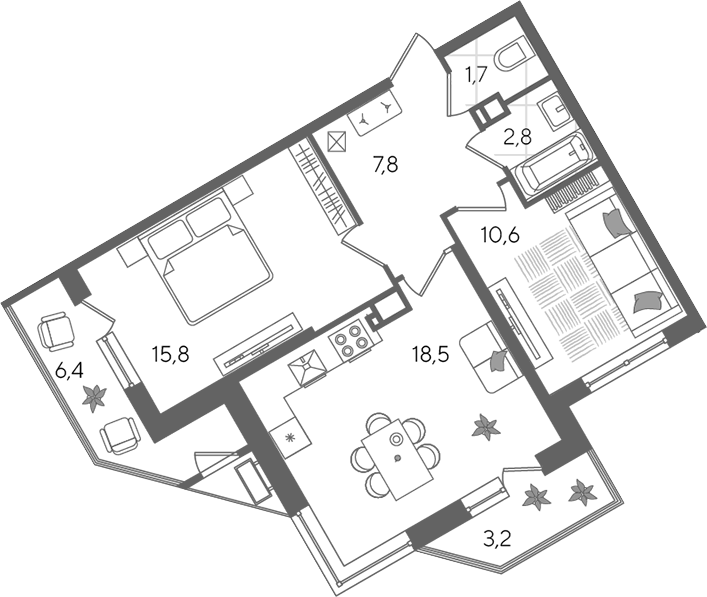3-комн., 57.2 м², 8/24 этаж, ЖК «Рекорд»