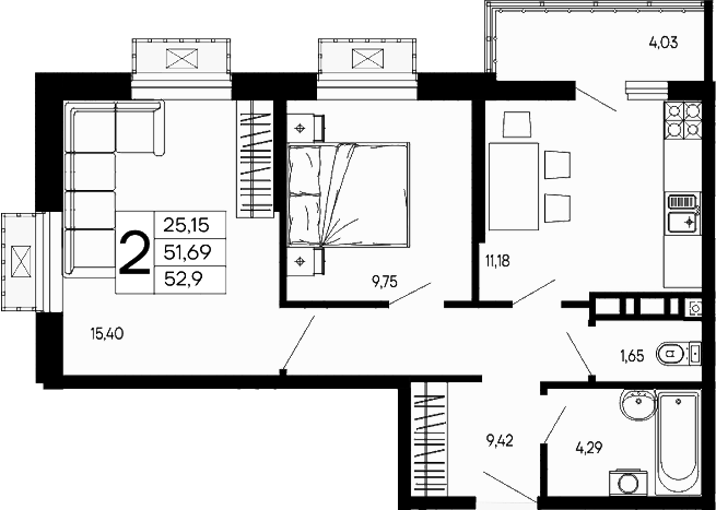 Продается 2-комн. квартира, 51.69 м²