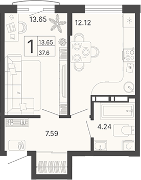 1-комн., 37.6 м², 17/19 этаж, ЖК «Светский лес»